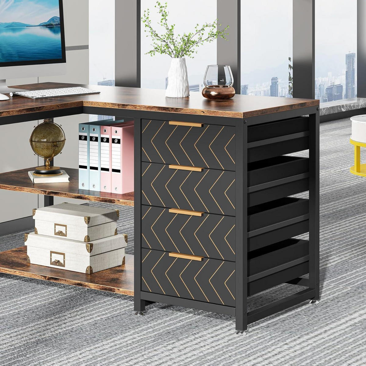 SCHREIBTISCH L-Form mit 4 Schubladen und 2 Ablagen braun 150 x 110 x 75 cm - Braun, Holzwerkstoff (150/110/75cm)