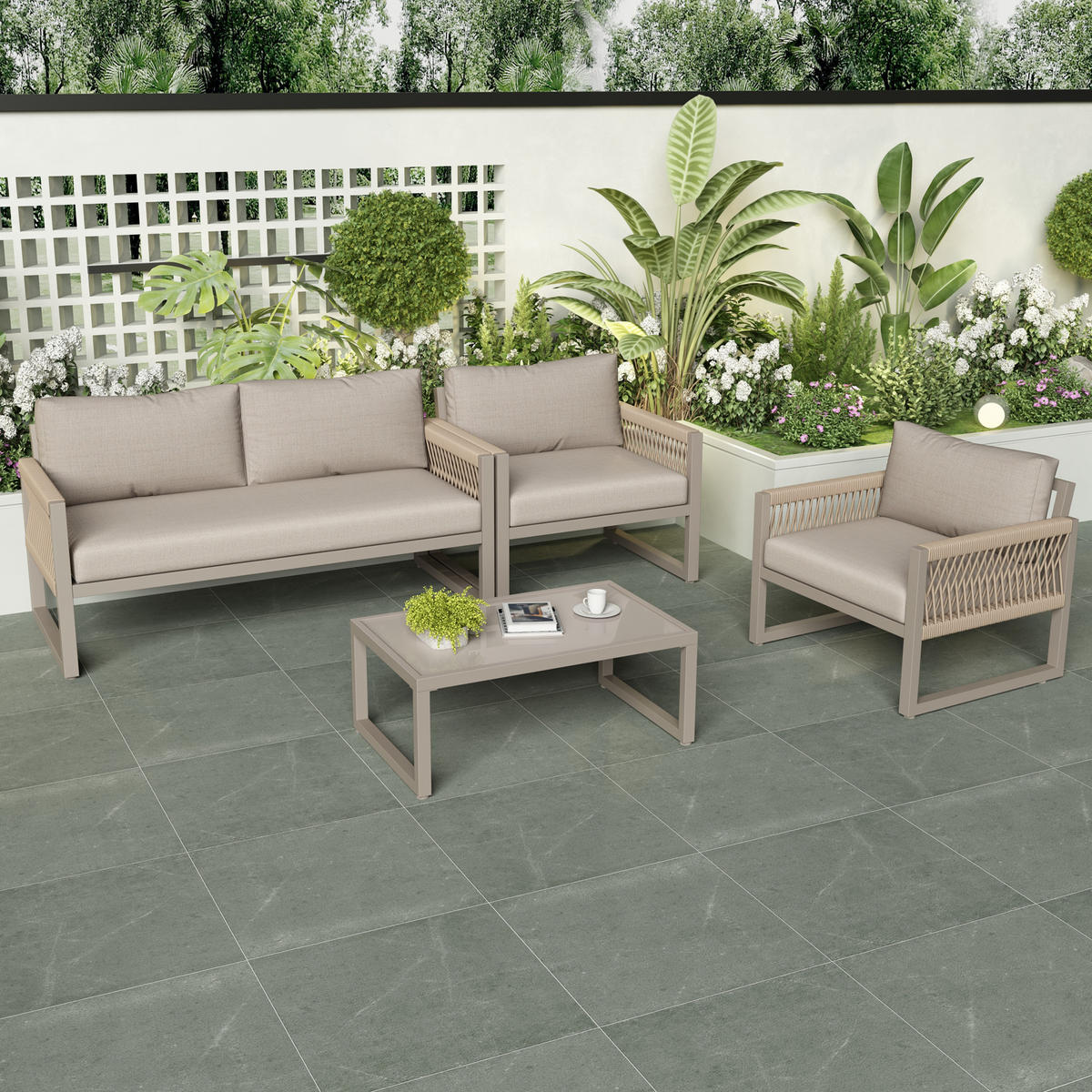 LOUNGESET 4er Seil Khaki Mit Verstellbaren Füßen & Glastisch - Hellbraun, Metall - FLIEKS