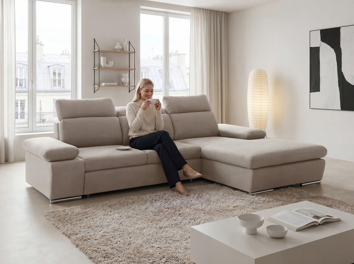 ECKSOFA PABLO mit Schlaffunktion und Bettkasten Beige - Beige, Holzwerkstoff/Kunststoff (250/90cm) - Idohome