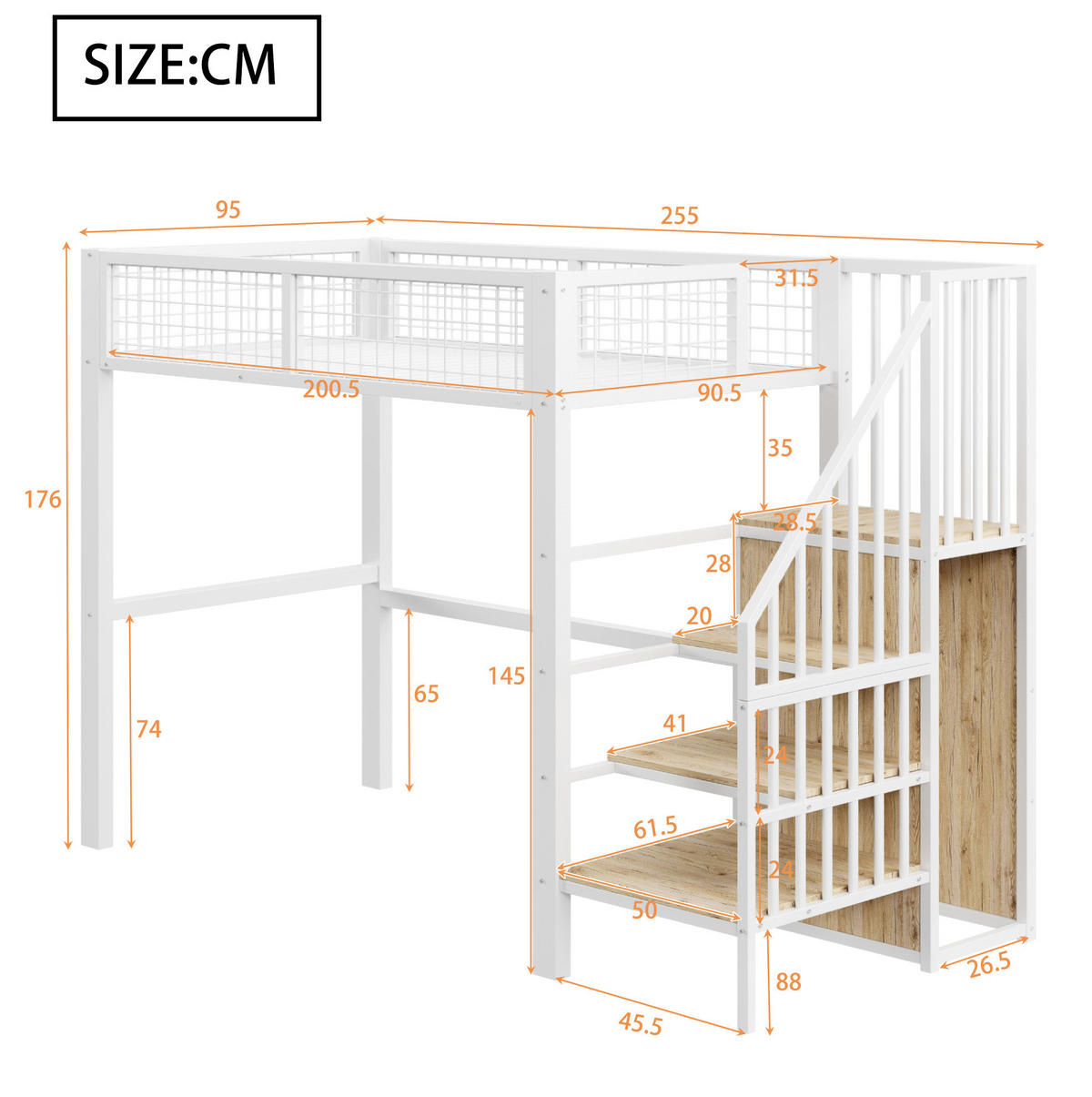 HOCHBETT 90/200 cm Weiß mit Sicherheitsleiter und Kleiderschrank mit Matratze - Weiß, Metall (90/200cm) - OKWISH