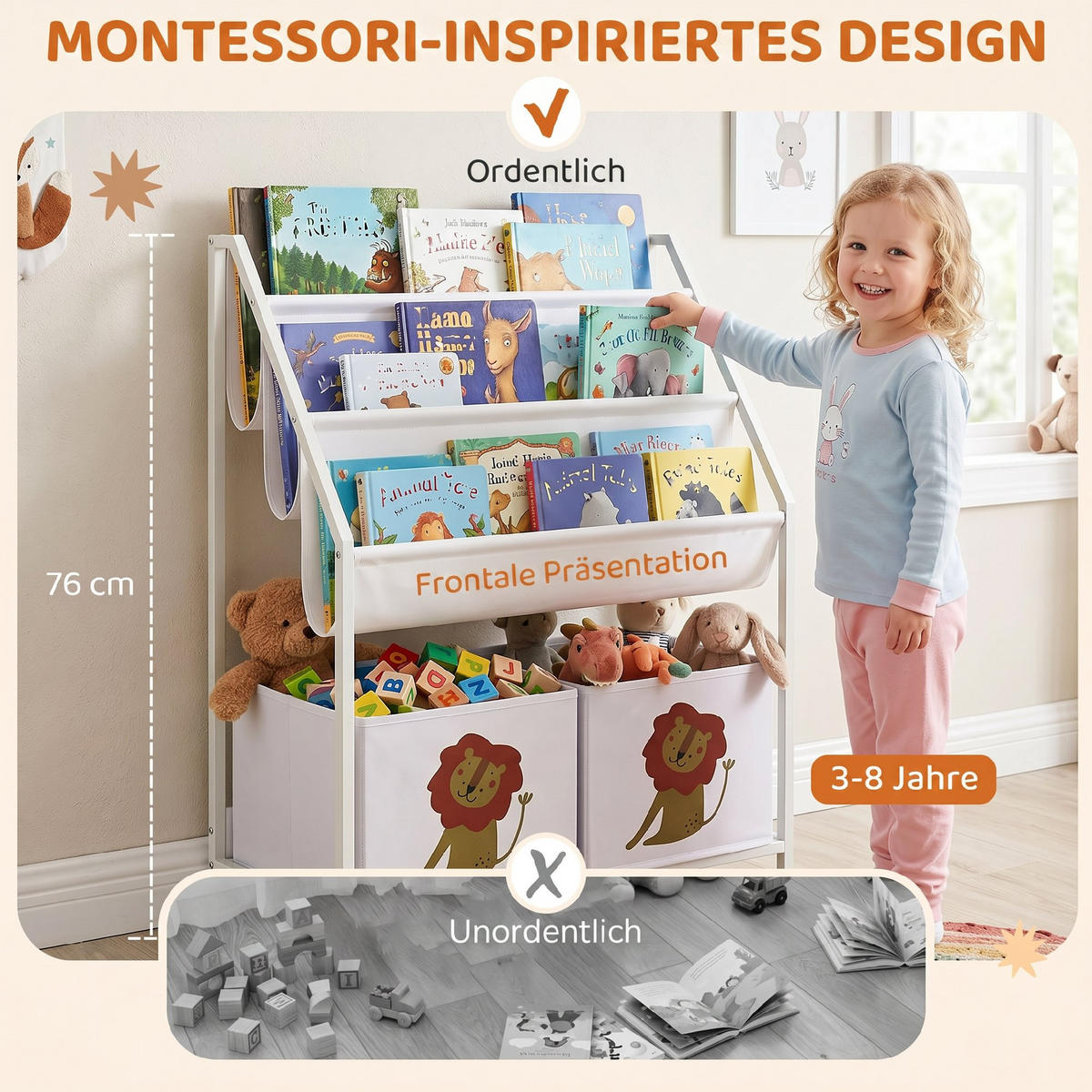 KINDER-BÜCHERREGAL Metall Spanplatte Weiß - Weiß, Textil/Metall (30/76/60cm) - AIYAPLAY