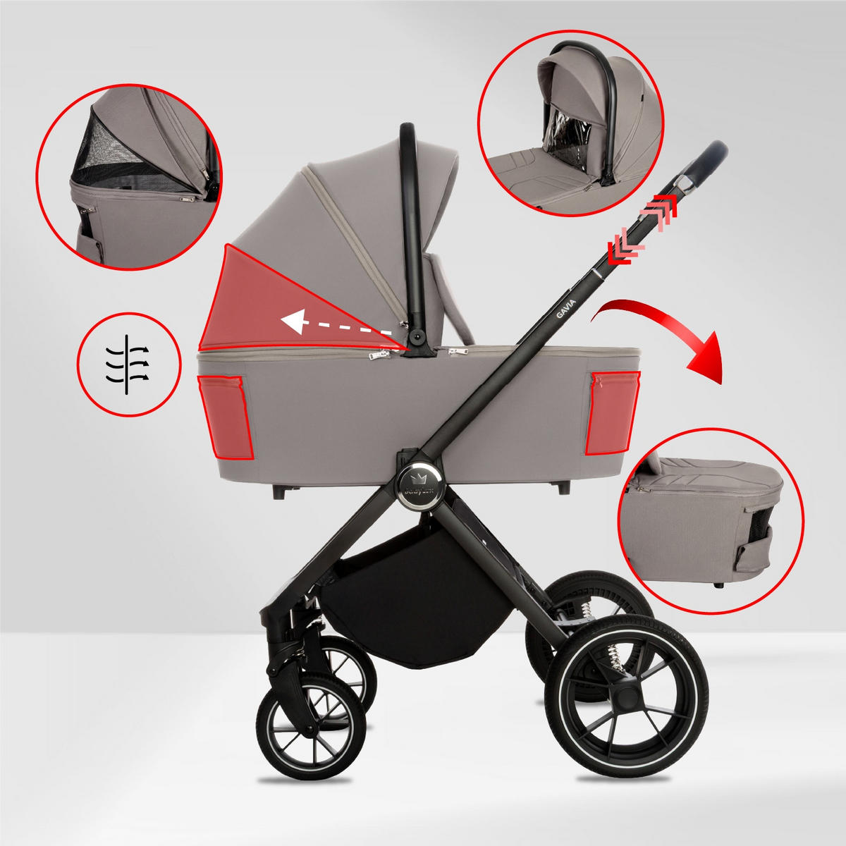 KINDERWAGEN Gavia 3in1 Grau Babywanne, Buggy Sportsitz, Babyschale I-Size - Schwarz/Grau, Textil/Metall (58/99cm) - BabyLux