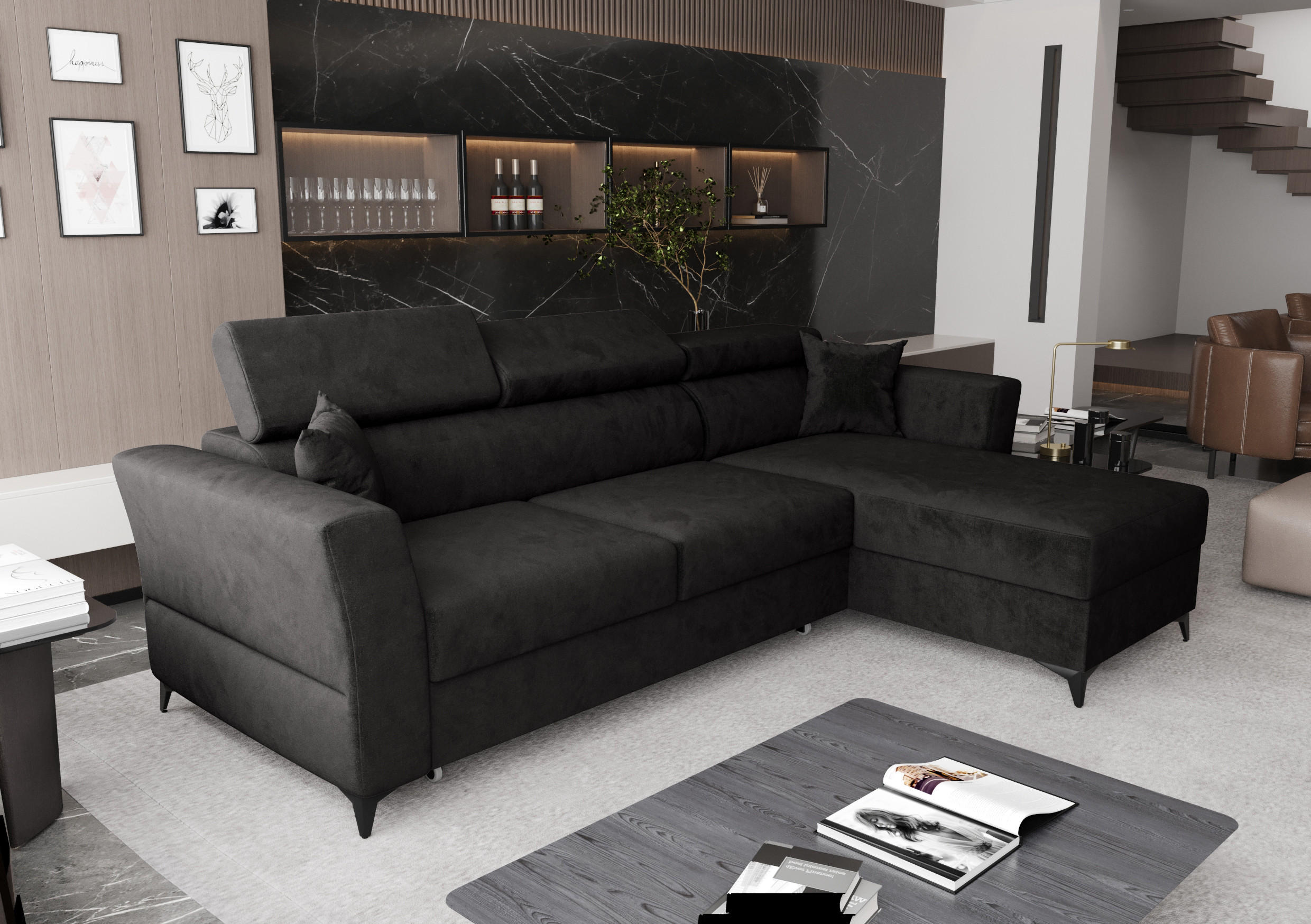 ECKSOFA L Form Ribella Grafit 265/180/100 cm Rechts mit Schlaffunktion - Schwarz, Textil/Metall (265/180cm) - AX Living