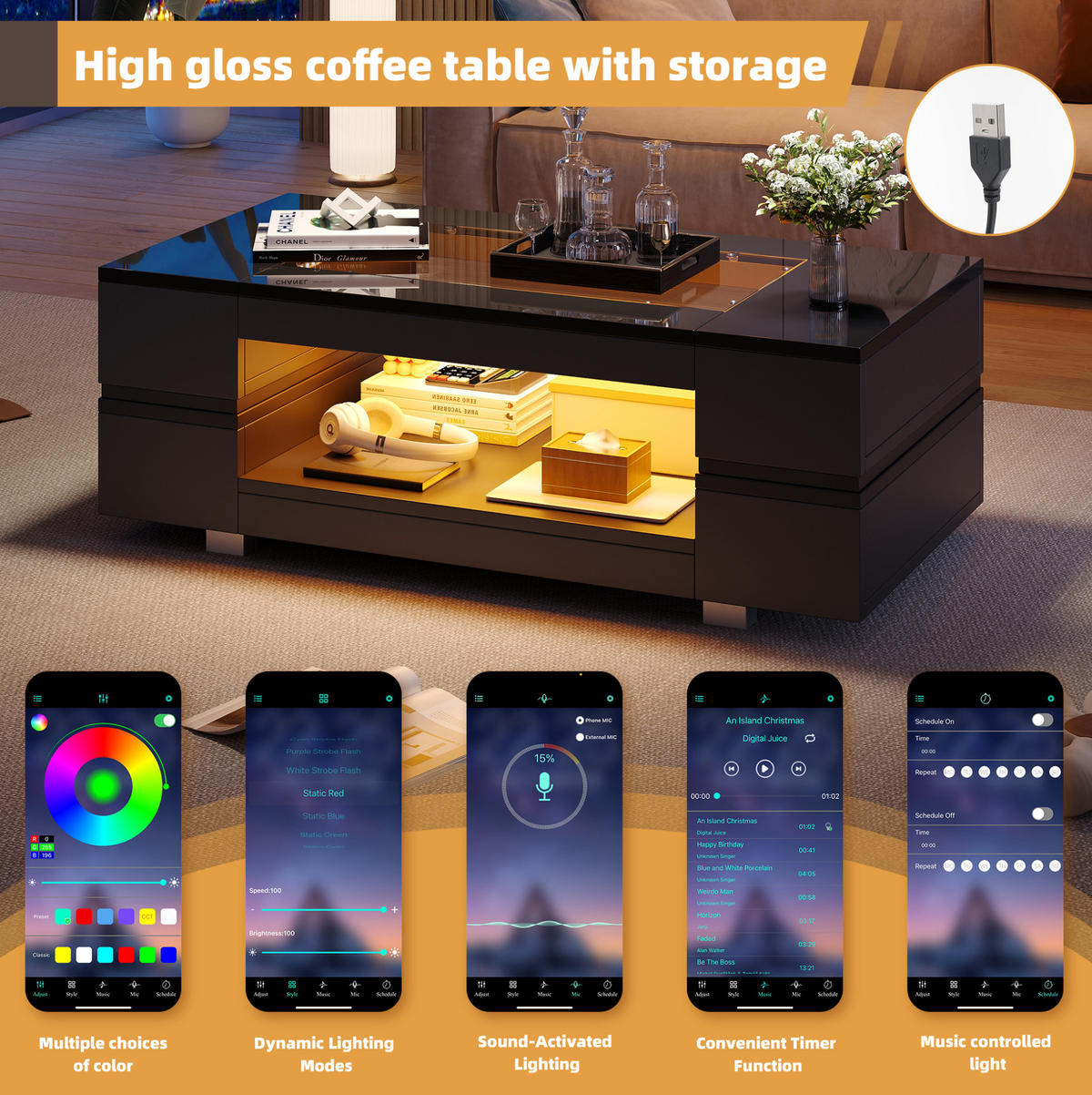 COUCHTISCH aus Spanplatte und gehärtetem Glas 100x50x35 cm in Schwarz mit LED - Schwarz, Holzwerkstoff (100/50/35cm) - Modfu