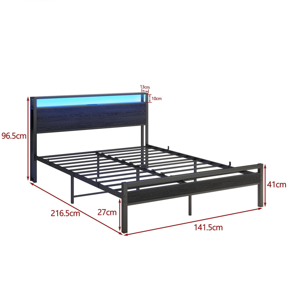 BETT 140/200 cm DE-33031 mit USB und LED-Beleuchtung Schwarz - Schwarz, Metall (140/200cm) - ComfortXL