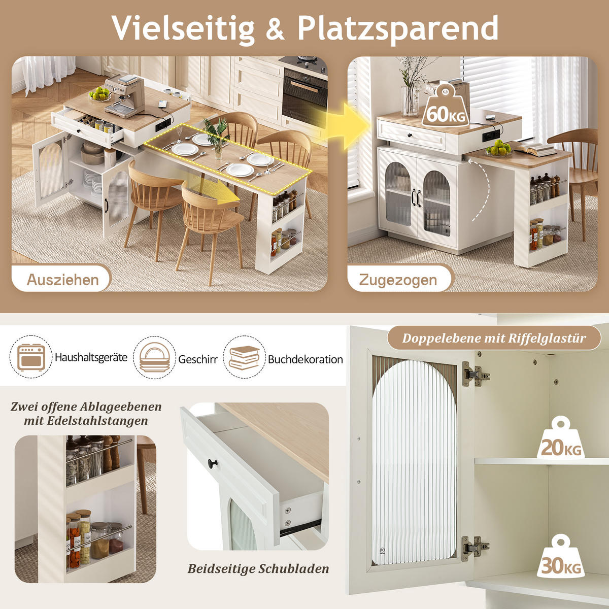BARTISCH 128–200×71×92 cm aus MDF+Glas mit Riffelglas, LED & USB-Ladestation, weiß - Weiß, Holzwerkstoff (200/71/92cm) - Luhomfu