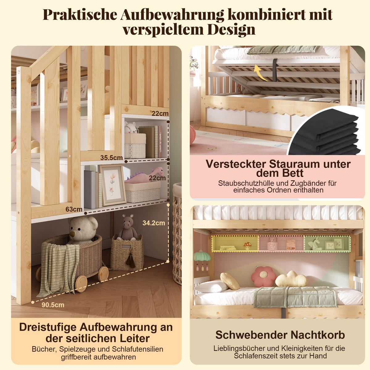 ETAGENBETT 90x200 cm in Weiß und Eiche mit Hydraulik-Stauraum und Regalen - Eichefarben, Holz (90/200cm) - IVMEU