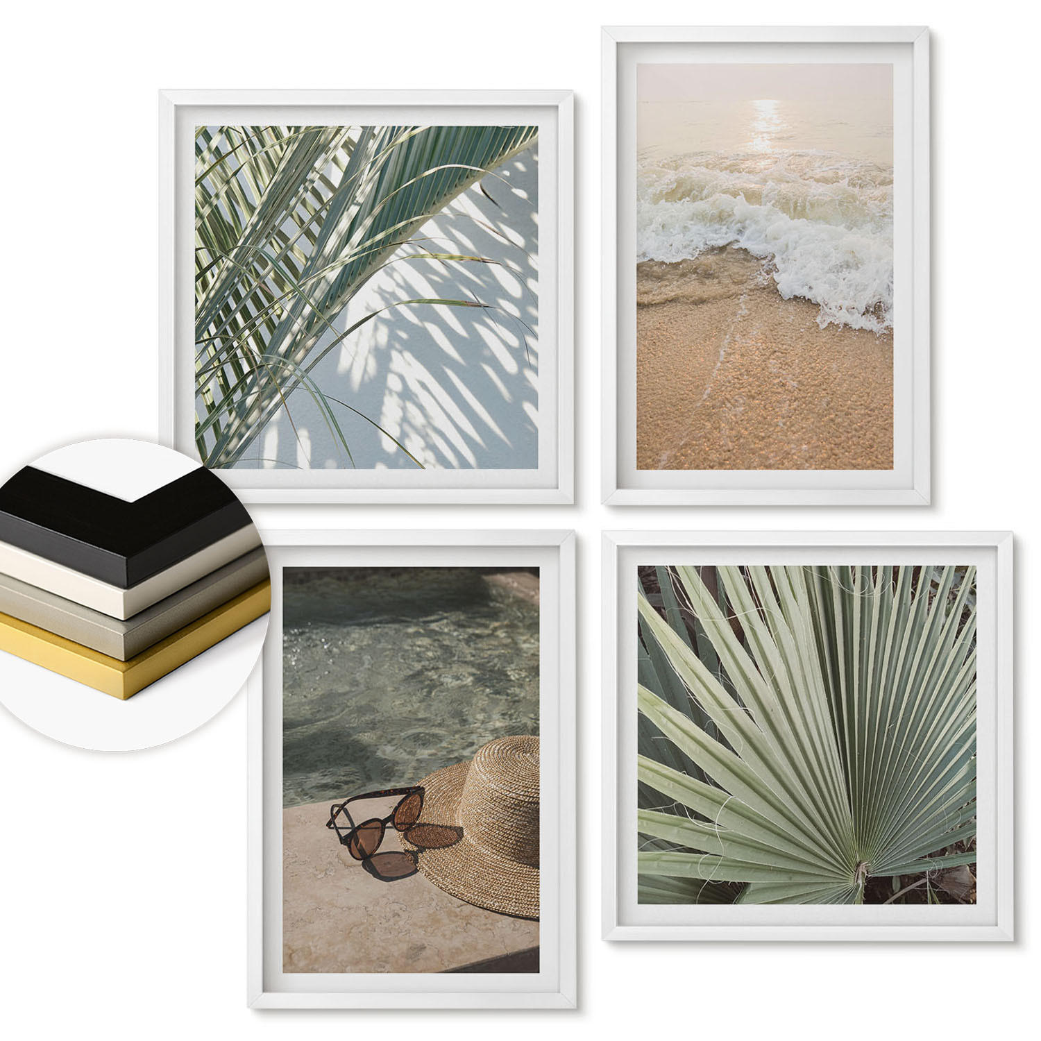 WANDBILDER 4er-Set - 50x50 cm & 40x60 cm Weißer Rahmen - Strandhut und Sonnenbrille - Weiß, Kunststoff (50/50cm) - ArtPrintCave