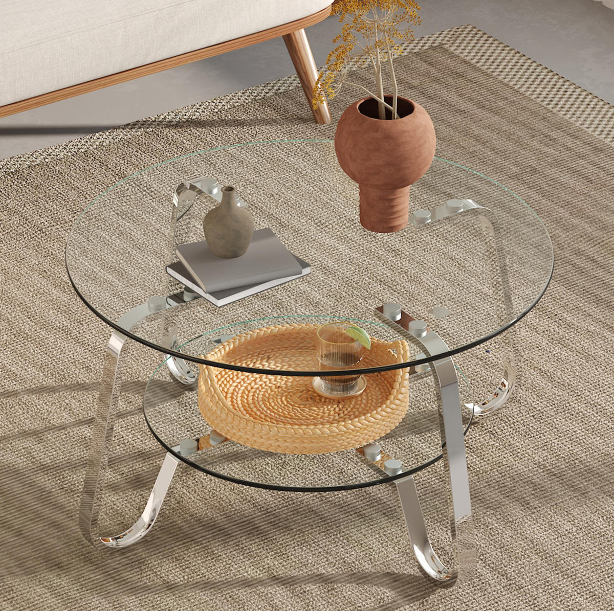 COUCHTISCH aus Glas & Metall in Silber mit 2 Ebenen gehärtetes Glas - Silberfarben, Glas (80/80/45cm) - Modfu
