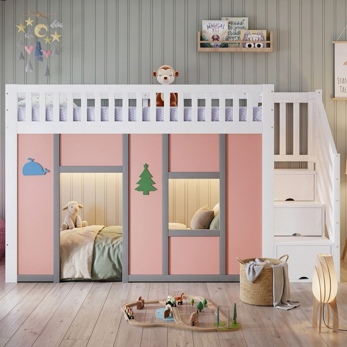 HOCHBETT 90/200 cm DE-32743 mit Stauraumtreppe und LED Weiß/Pink - Pink, Holzwerkstoff (90/200cm) - ComfortXL