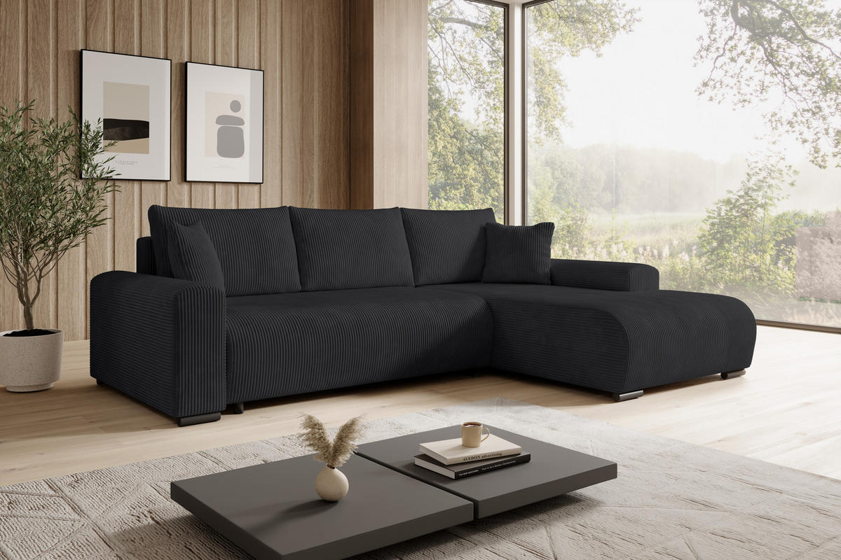 ECKSOFA Nelly mit Bettkasten und Schlaffunktion, Cordstoff in L-Form - Schwarz, Textil (270/185cm)