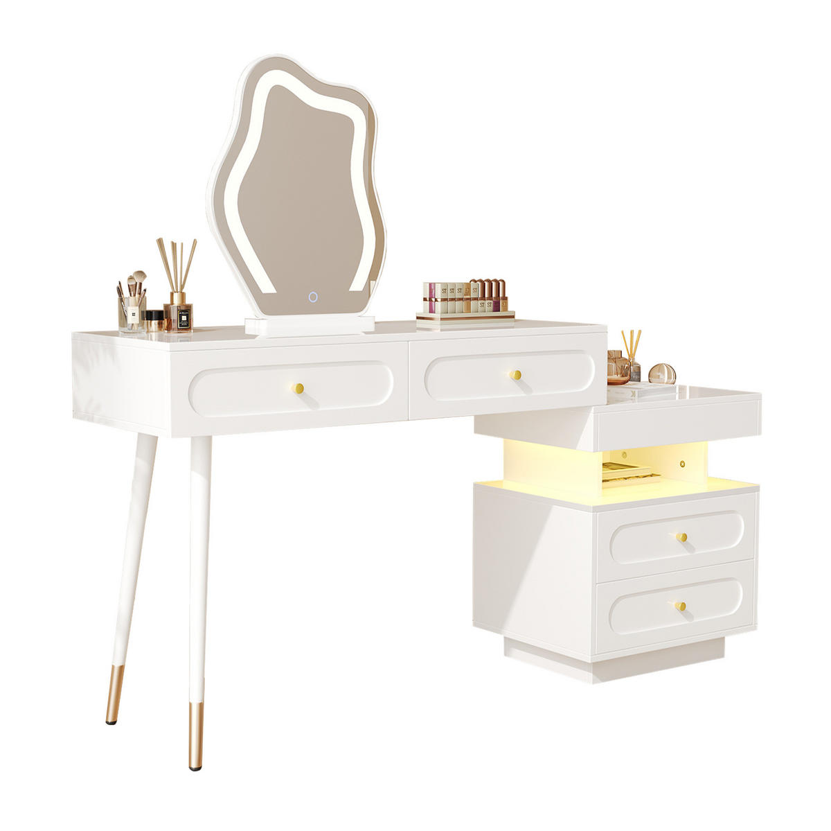 SCHMINKTISCH 140/40/130 cm mit LED-Spiegel, 4 Schubladen und flexiblem Seitenschrank, Weiß - Weiß, Holzwerkstoff (40/130/140cm) - Redom