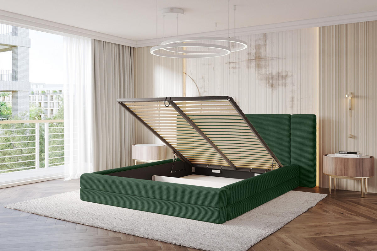 POLSTERBETT mit Bettkasten und Lattenrost, Bett mit Matratze H3/H4 - TEVO 160x200 Grün - Grün, Holzwerkstoff/Textil (160/200cm) - ALTDECOR