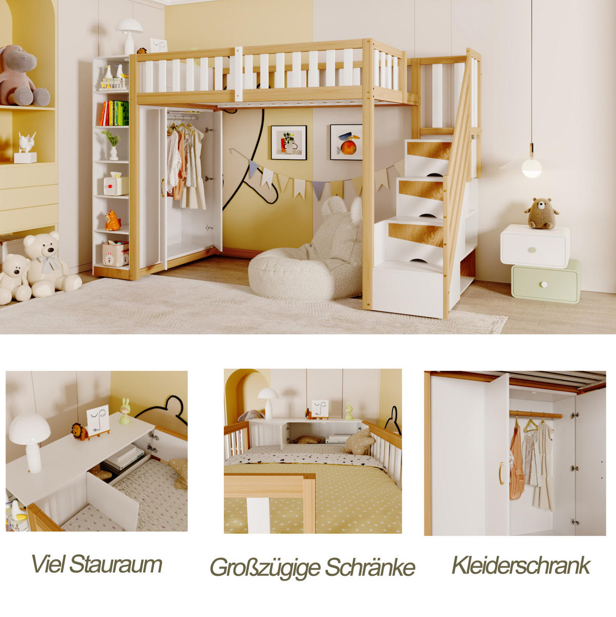 HOCHBETT 90/200 cm mit Kleiderschrank und Regalen, Weiß/Naturholz - Weiß, Holzwerkstoff (90/200cm) - Flora Grace