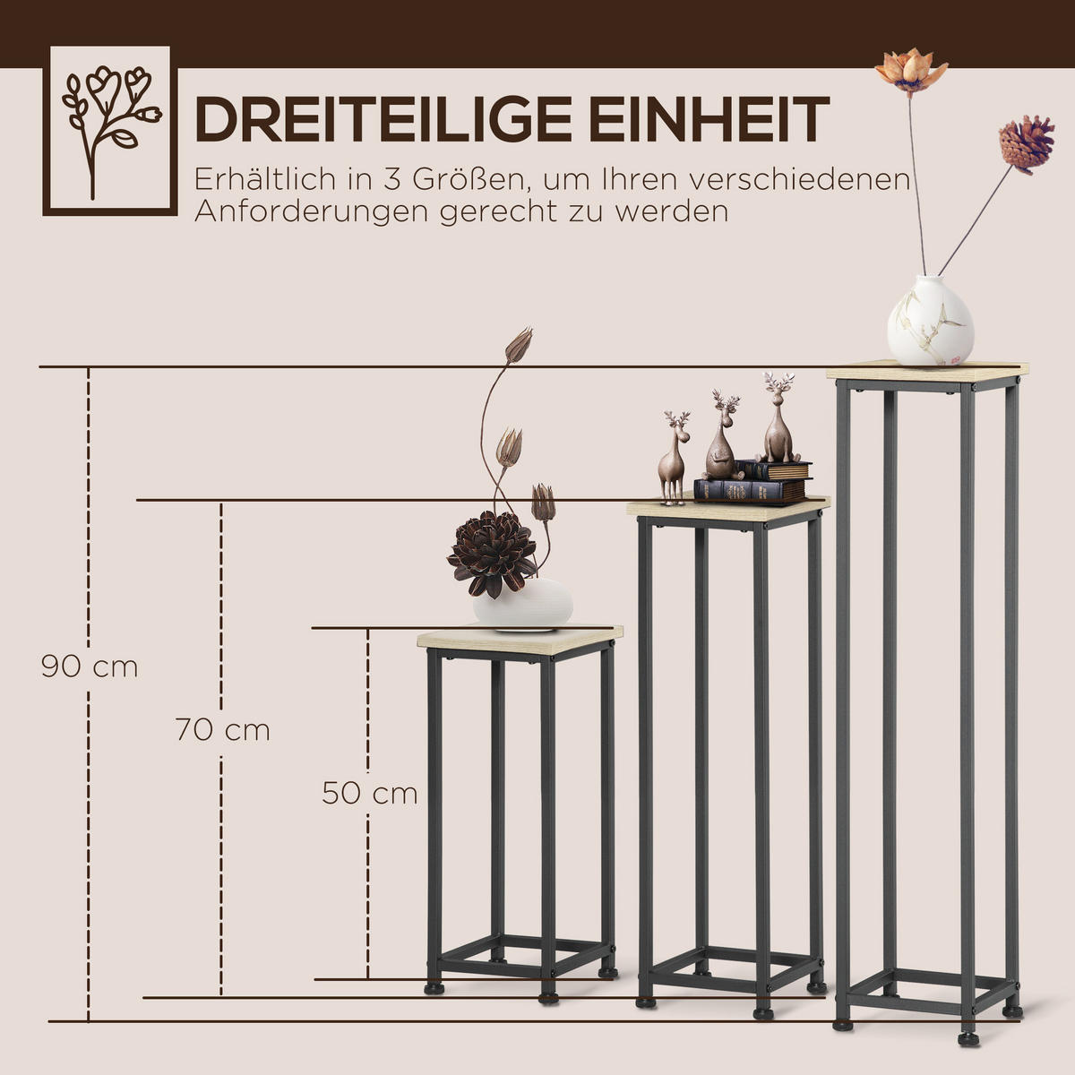 PFLANZENSTÄNDER-SET DE-12238 3er-Set, stapelbar, 21/21/50/70/90 cm Schwarz/Natur - Schwarz, Holzwerkstoff (21/90/21cm) - ComfortXL