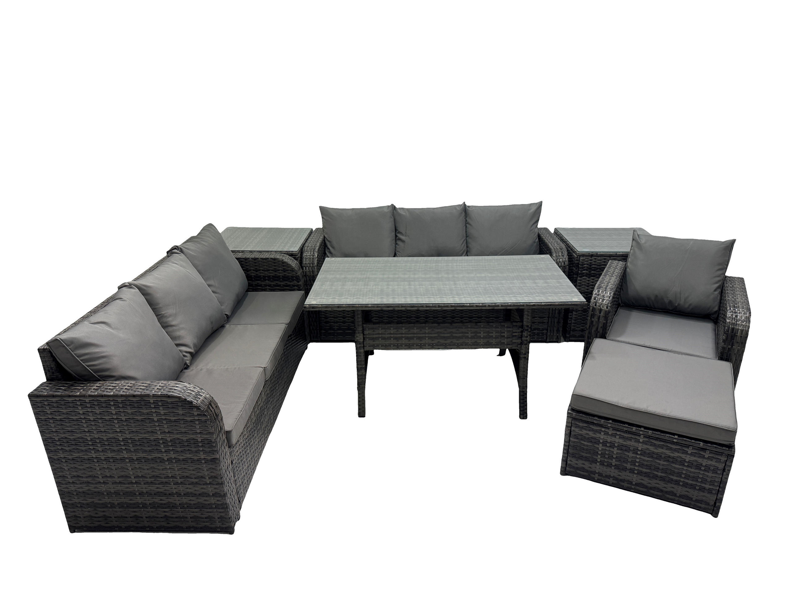 GARTENTISCHGRUPPE mit 2 Beistelltischen Polyrattan Dunkelgrau 8-Sitzer - Dunkelgrau/Grau, Glas/Kunststoff - Fimous