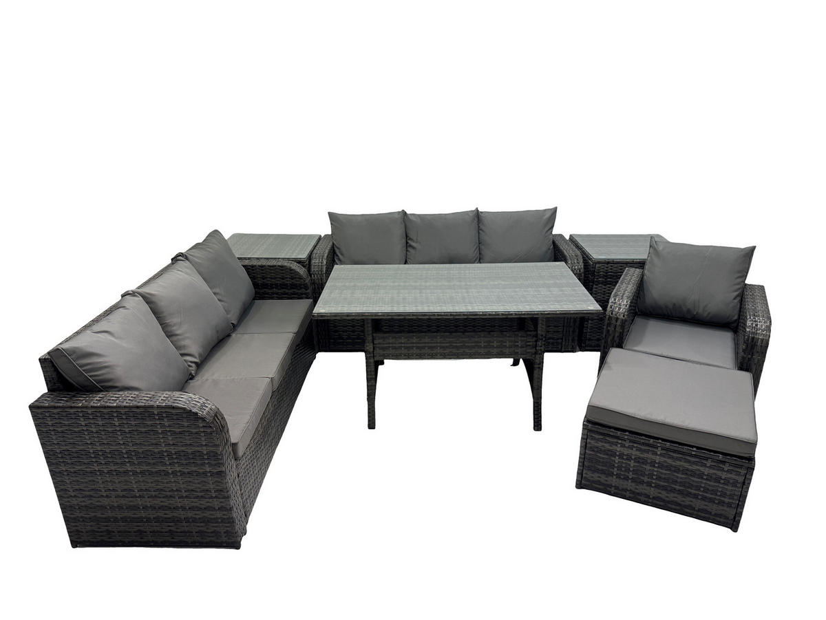 GARTENTISCHGRUPPE mit 2 Beistelltischen Polyrattan Dunkelgrau 8-Sitzer - Dunkelgrau/Grau, Glas/Kunststoff - Fimous