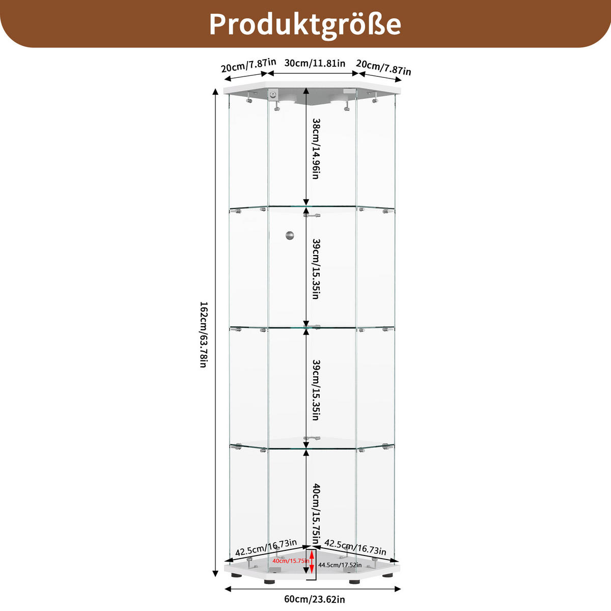 VITRINE 4 Etagen, 1 Tür, LED-Touchlicht Sockel, Pentagon, Weiß - Weiß, Glas (60/160/40cm) - EuroLiving