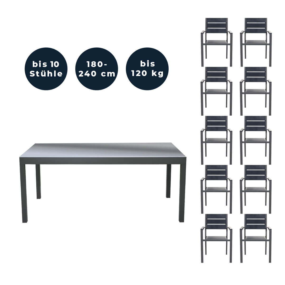 GARTEN-SITZGRUPPE ausziehbar SOL MADERA - 180/240 x 90 cm 10 Stühle - Anthrazit/Hellgrau, Metall - Home Deluxe