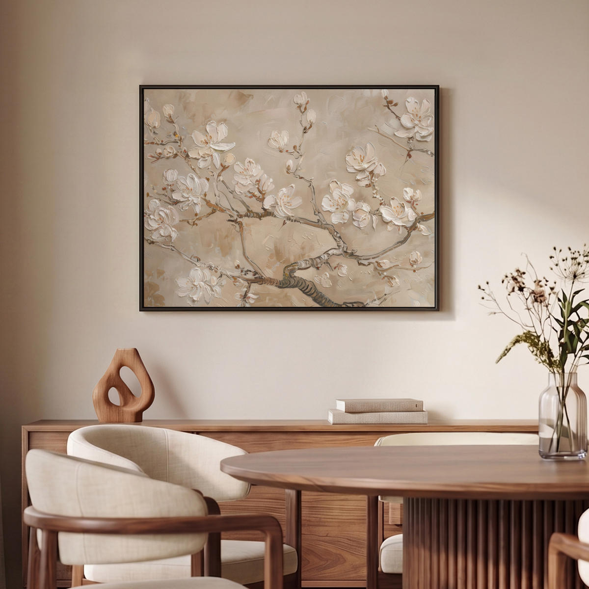 LEINWAND Bilder mit Rahmen - Blumen - Modern - Beige - Weiß - Blüte - 80x60 - Beige, Textil (80/60cm) - MuchoWow