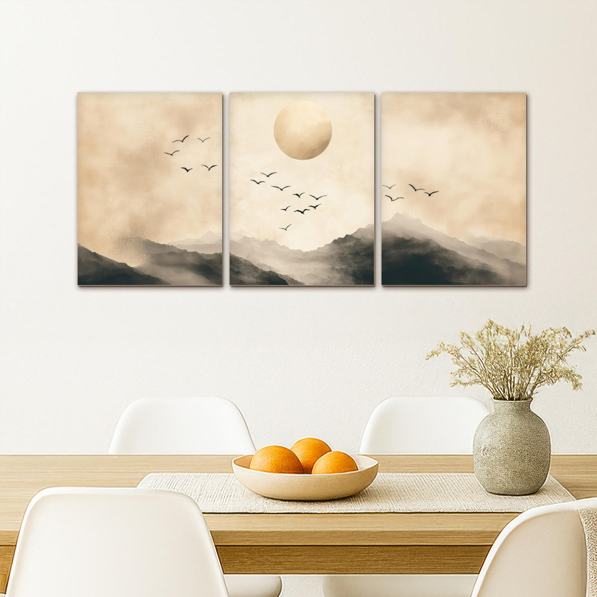 LEINWANDBILD 3er Set Landschaft - Japandi - Beige - Vögel 90x40 cm - Beige, Textil (90/40cm) - MuchoWow
