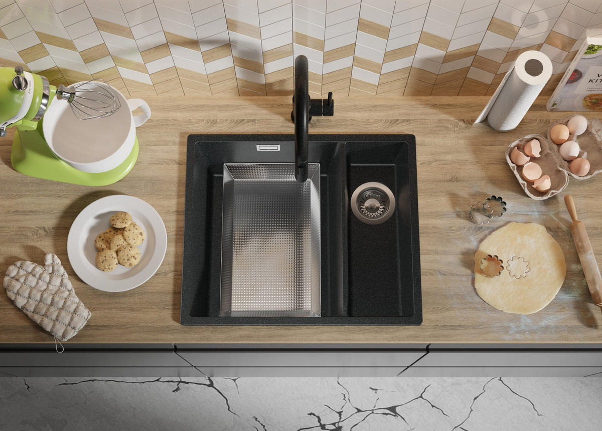 SPÜLBECKEN London Slim Duo, 2-er set Anthrazit 56/47 cm 1,5 Becken + Ablauf-Set ab 60er Unterschrank - Chromfarben/Anthrazit, Kunststoff (56/20/47cm) - Primagran