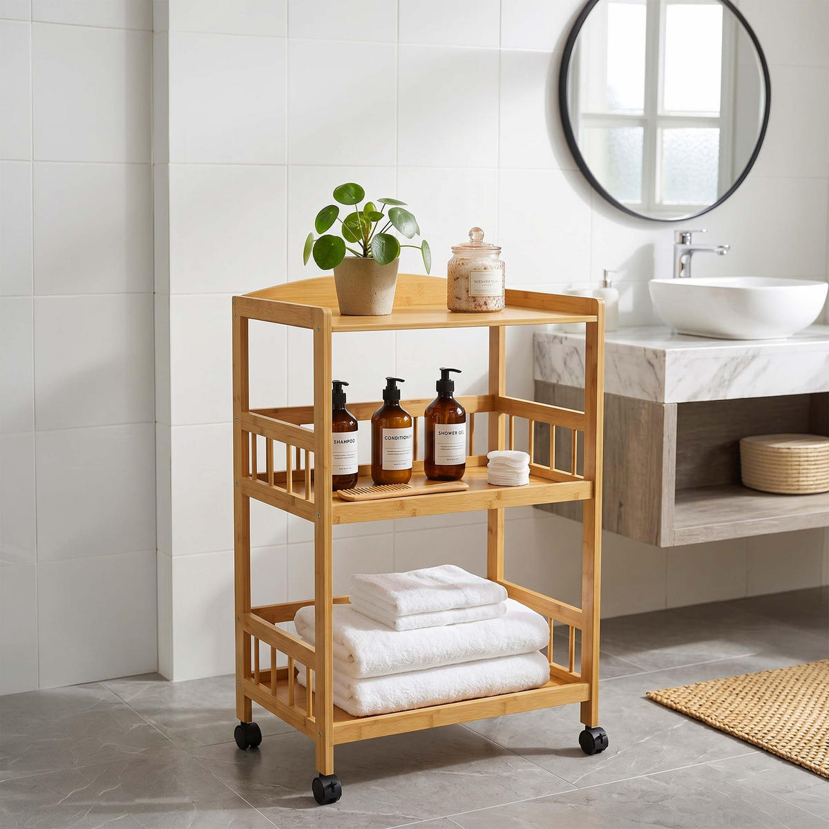SERVERINGSVAGN Natur bambu med hjul - Ljusbrun, Trä/Plast (53/80/30cm) - Relaxdays