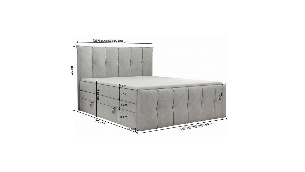 BOXSPRINGBETT SUPREME mit Topper und Bettkasten, Silberfarben, 160x200 cm - Silberfarben, Textil (160/200cm) - KS Home Concept