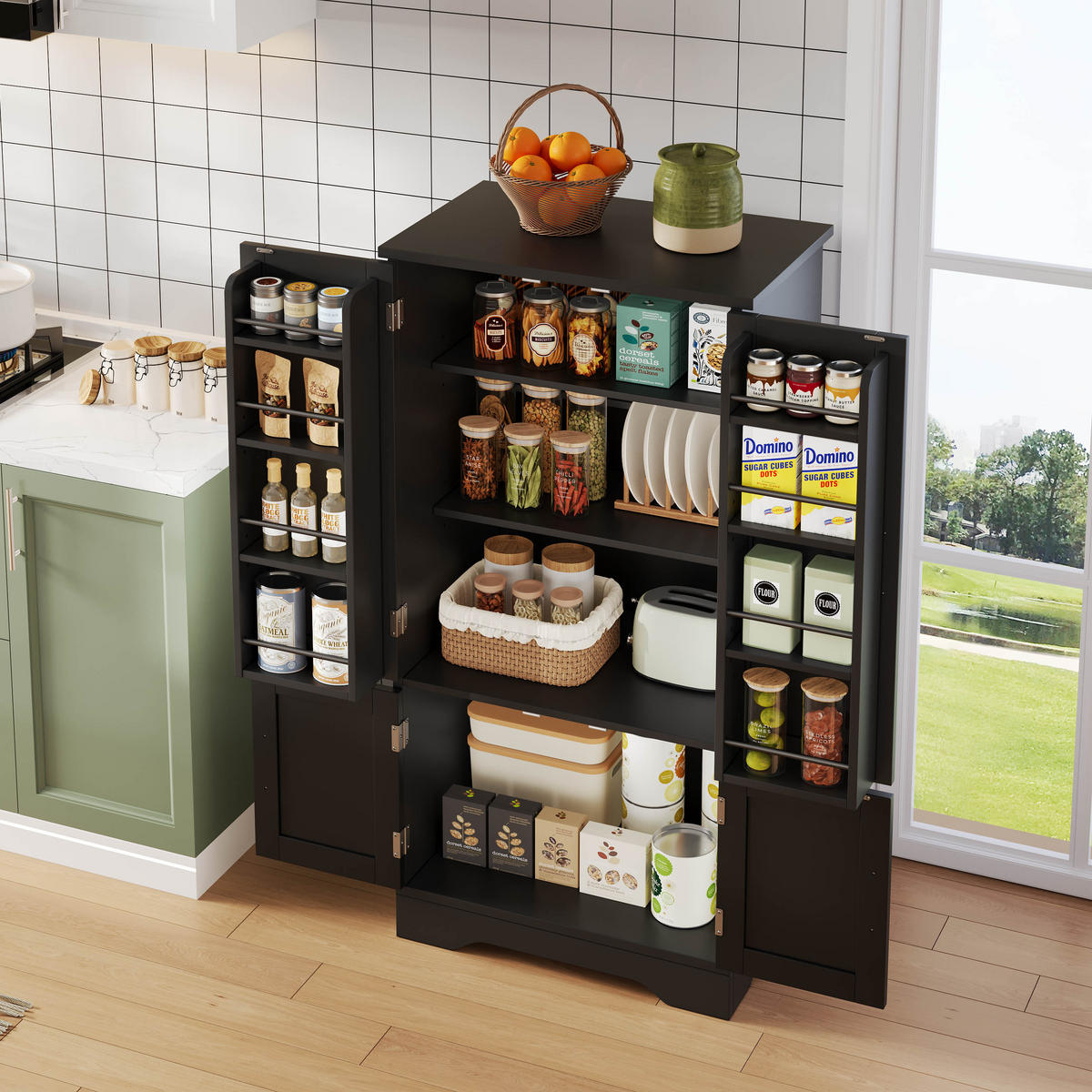 HOCHSCHRANK aus MDF mit 4 Türen, LED-Sensorlicht, 60/40/120 cm, Schwarz - Schwarz, Holzwerkstoff (40/120/60cm) - Redom