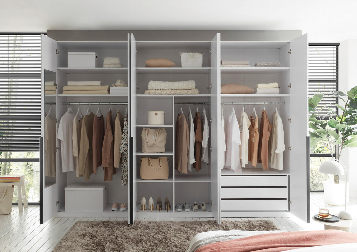 DREHTÜRENSCHRANK Camoleo mit Weiß Hochglanz 6 türiger Kleiderschrank mit Hoteleinteilung und Schubkästen - Weiß/Grau, Holzwerkstoff (302/225/58cm)