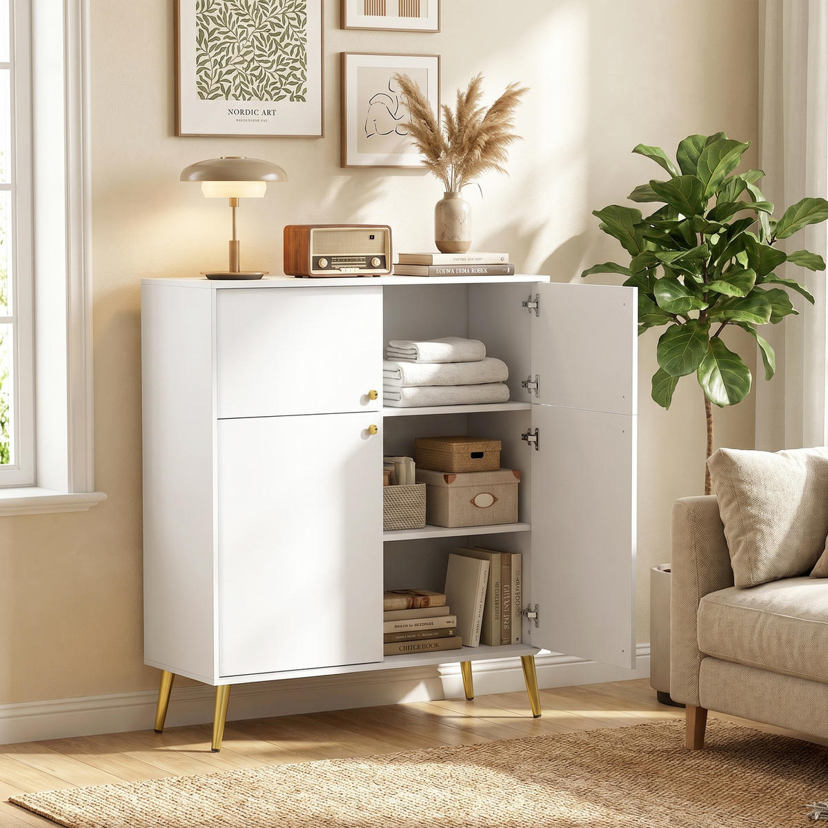 SIDEBOARD av spånskiva och metall, krämvit - Cremefärgad/Guldfärgad, Träbaserade material/Metall (40.5/122.4/105.4cm) - HOMCOM