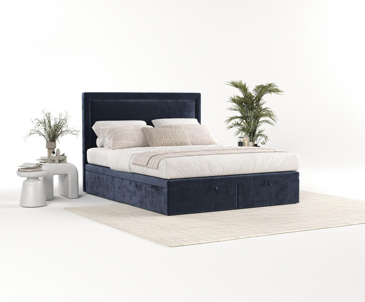 POLSTERBETT Salma mit Stauraum 140/200 cm Marineblau im Lotta Stoff - Schwarz/Dunkelblau, Holz/Holzwerkstoff (140/200cm) - AltaBeds