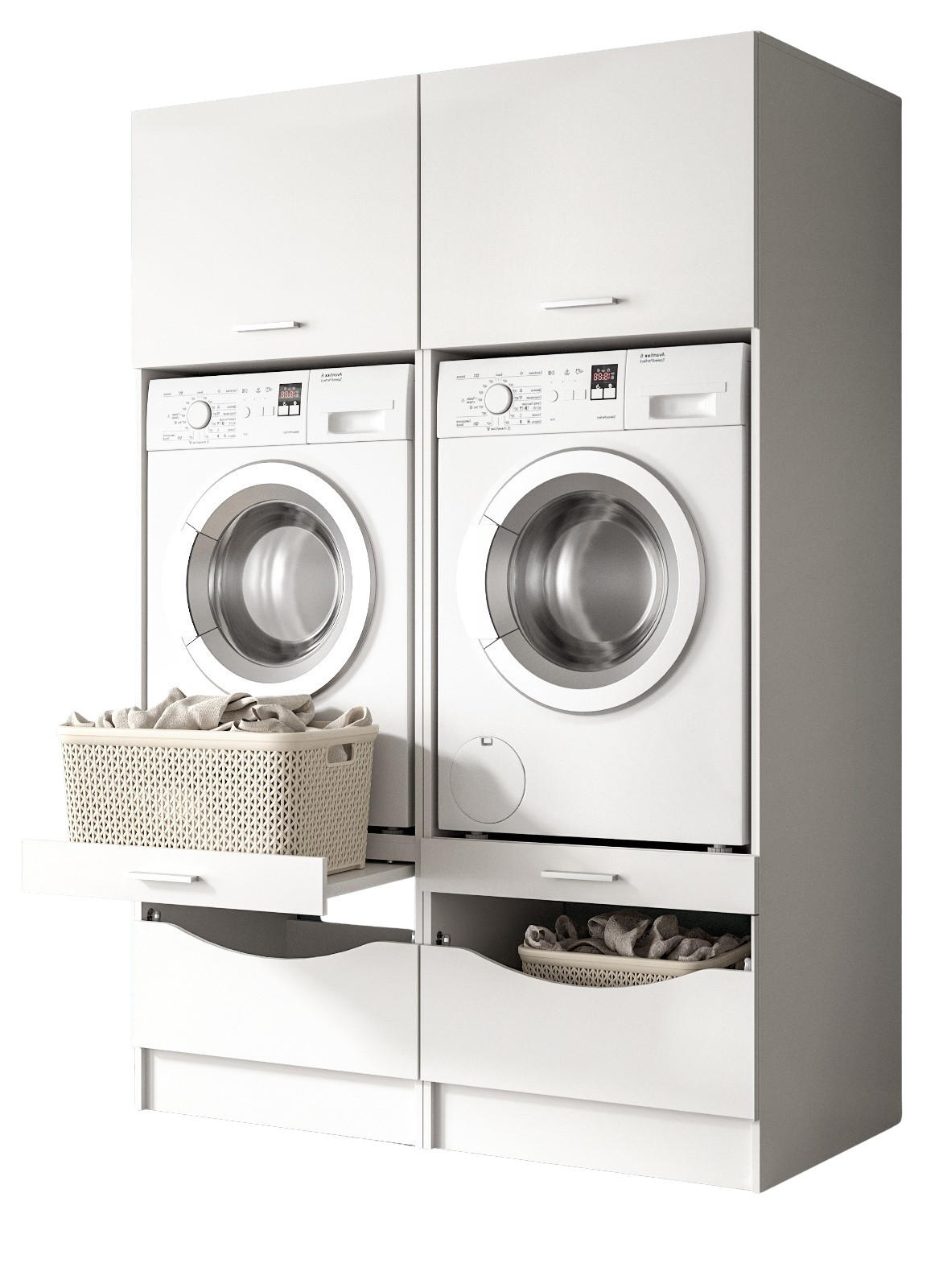 WASCHMASCHINENSCHRANK weiß Set 2-teilig 132 cm, Waschmaschinenumbau mit viel Stauraum - Silberfarben/Weiß, Glas/Holzwerkstoff (132/195/68cm) - Inn.Furn