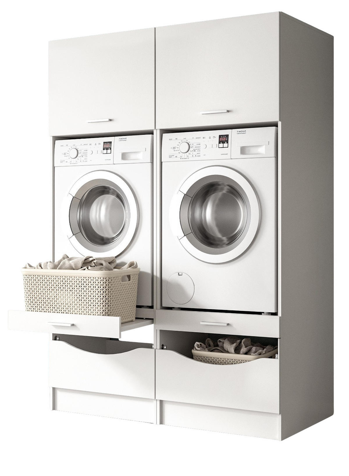 WASCHMASCHINENSCHRANK weiß Set 2-teilig 132 cm, Waschmaschinenumbau mit viel Stauraum - Silberfarben/Weiß, Glas/Holzwerkstoff (132/195/68cm) - Inn.Furn