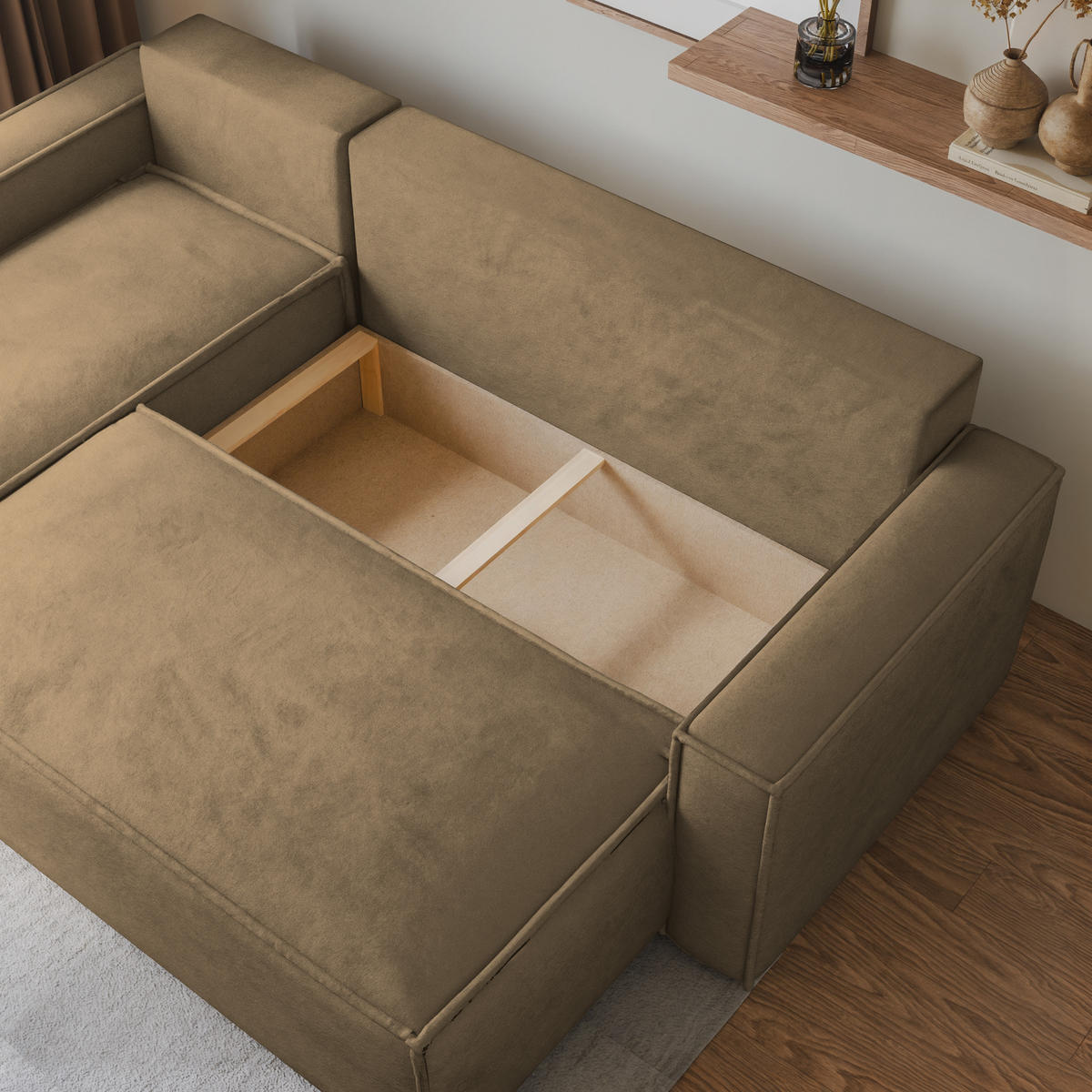 ECKSOFA RAVELO M Beige Velours-Stoff mit Schlaffunktion - Beige, Holz (240/140cm) - MASSENO