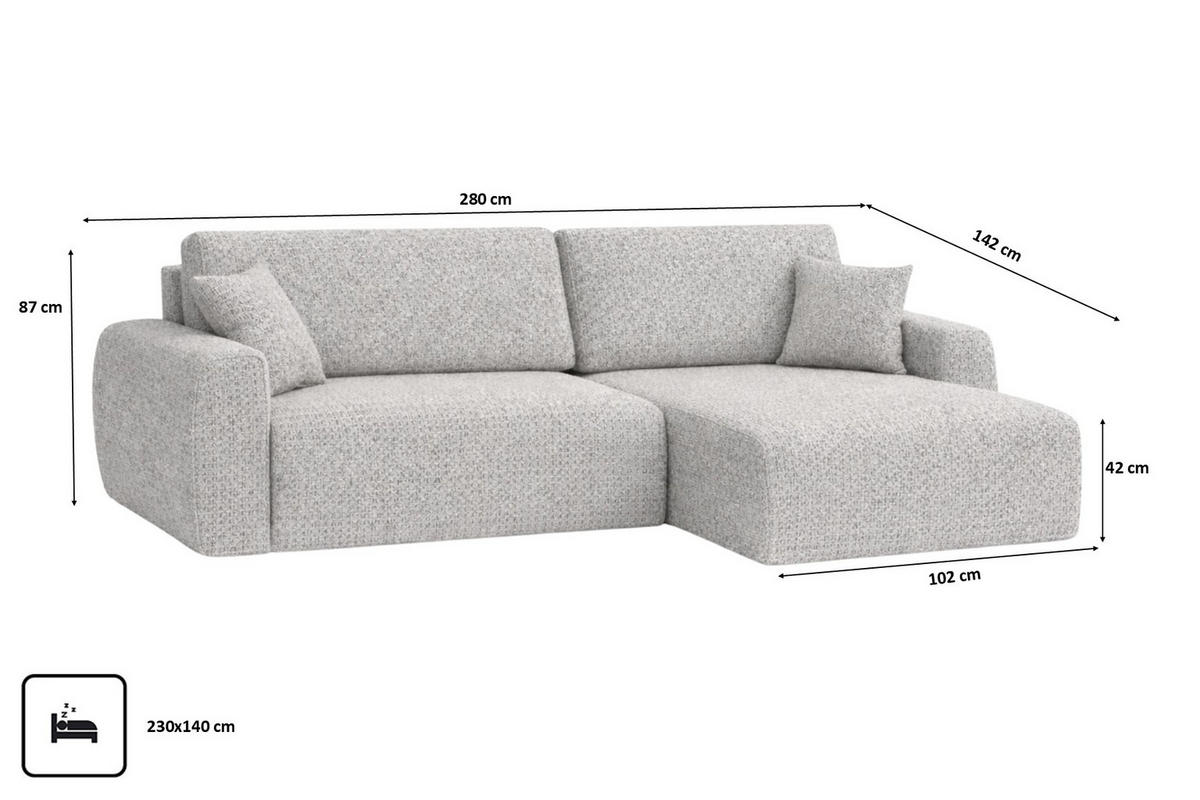 ECKSOFA Mit Schlaffunktion, Ariel XL, Chenille-Stoff, Stoff Artico, Nata, Rechts - Beige, Holz (280/142cm) - Kaiser Möbel