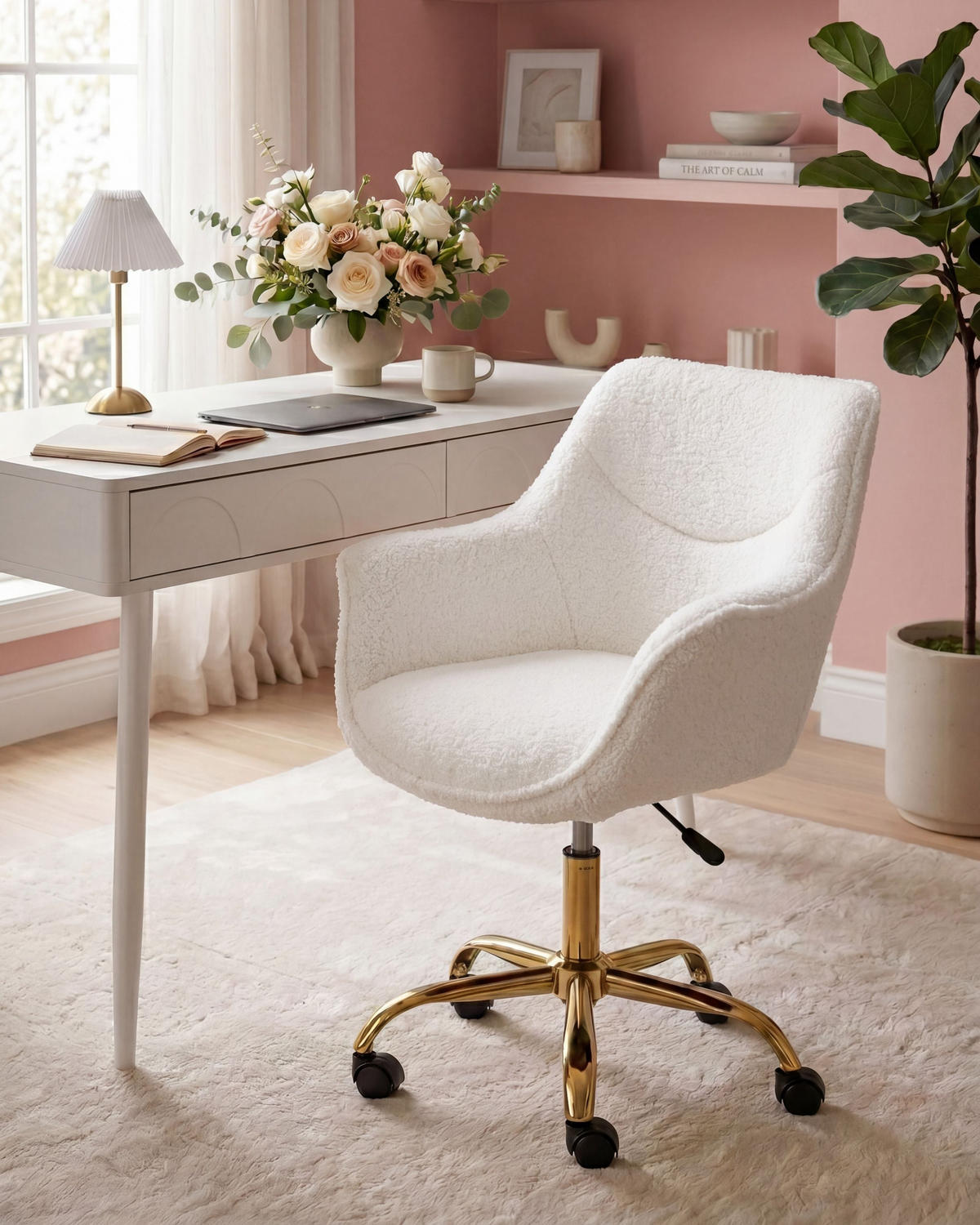 SCHREIBTISCHSTUHL Bouclé Weiß Ardelle - Weiß, Textil (68/82/60cm) - Beliani