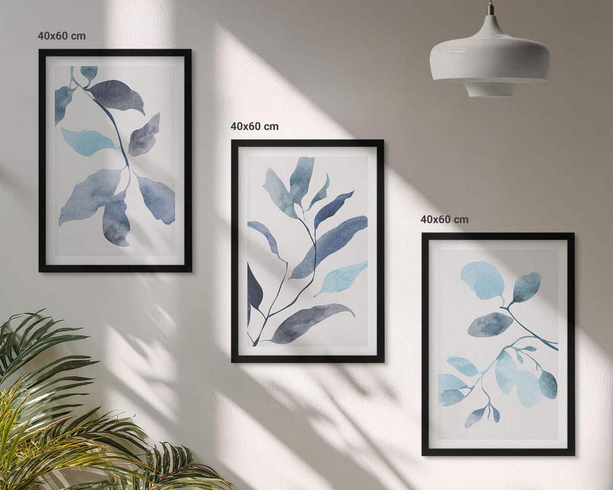WANDBILDER 3er-Set - 40x60 cm Schwarzer Rahmen - Aquarell von blauen Blättern - Schwarz, Kunststoff (40/60cm) - ArtPrintCave