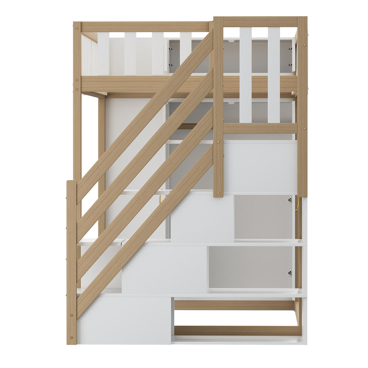 HOCHBETT 90/200 cm Weiß Naturholz mit Kleiderschrank Regalen und Stauraumleiter - Weiß, Holzwerkstoff (90/200cm) - OKWISH