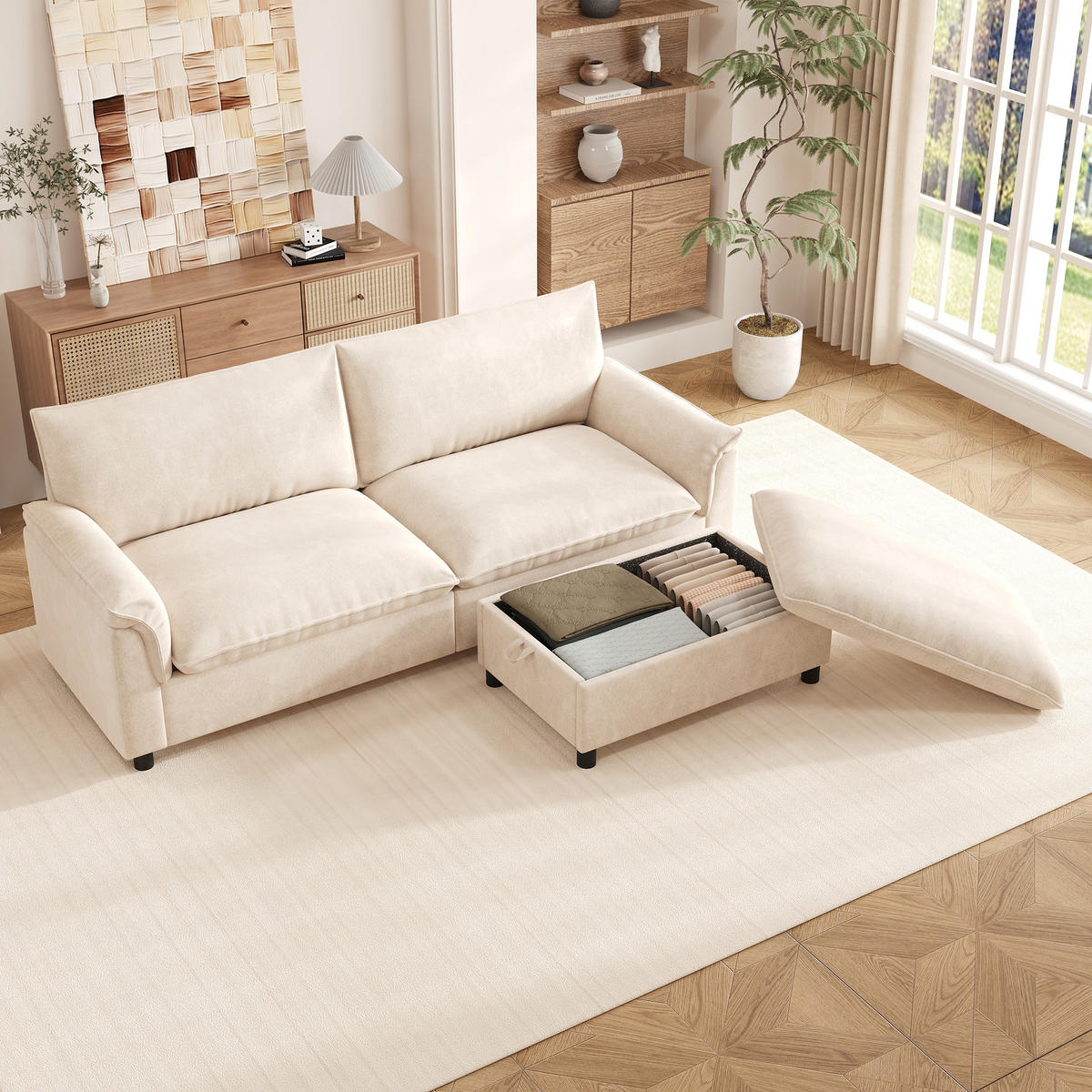 SOFA Beige U-Form Cloud Modular Deep Seat 216cm Hocker - Beige, Textil (77/82/216cm) - FLIEKS