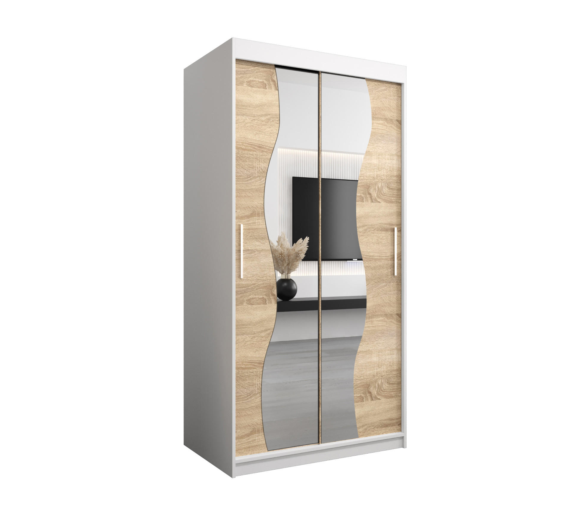 Abiks Möbel Schwebetürenschrank Weiß, Sonoma Eiche 100x200x62 cm