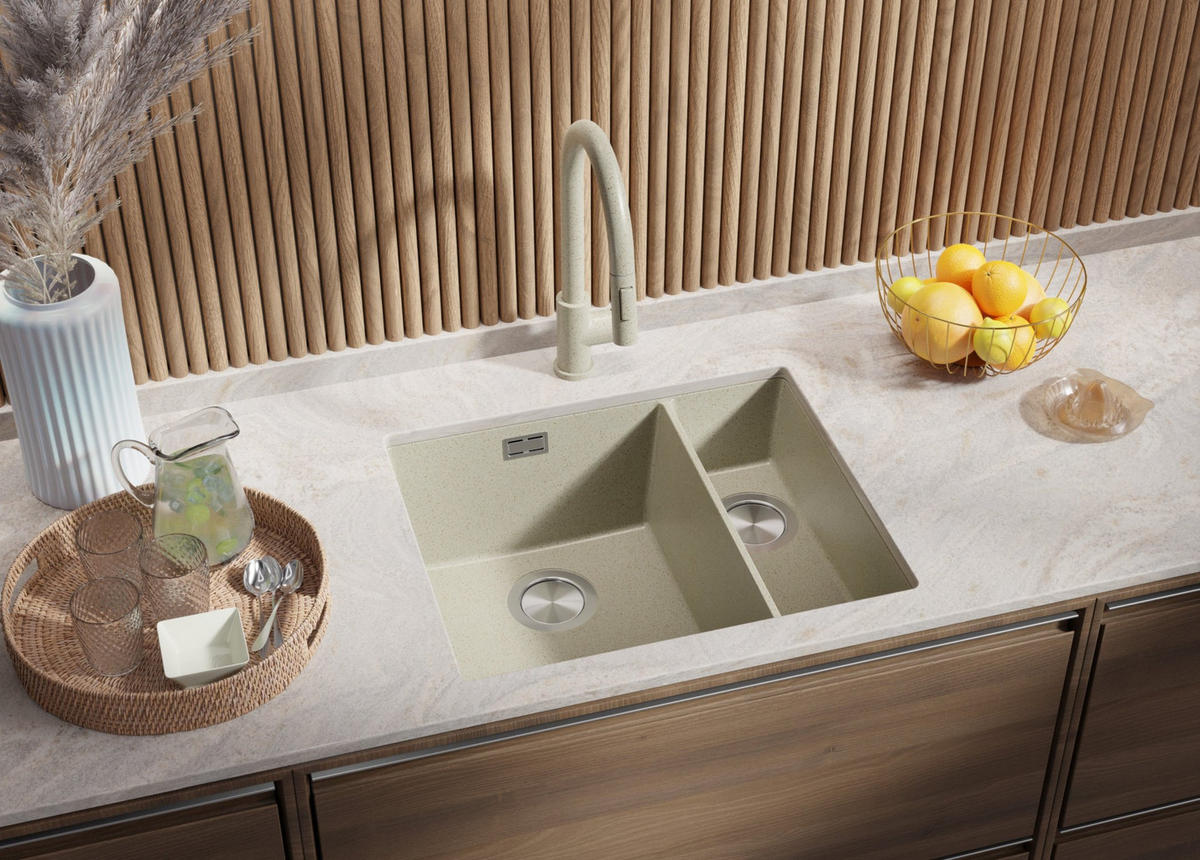 UNTERBAUSPÜLE GRANIT London Duo, 2-er set Beige 56/47 cm 1,5 Becken + Küchenarmatur 40/20 cm + Ablauf-Set ab 60er Unterschrank - Chromfarben/Beige, Kunststoff (56/20/47cm) - Primagran