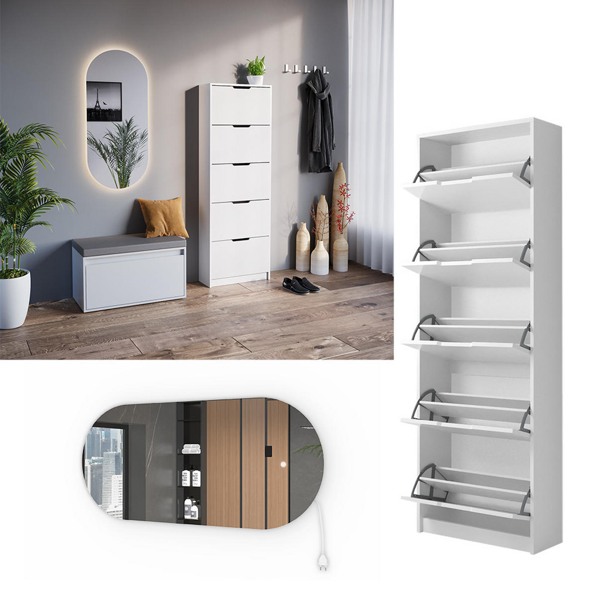 SCHUHKIPPER Luca Weiß 2 Teile, mit LED Spiegel - Weiß, Holzwerkstoff (59/169/22cm) - Vicco