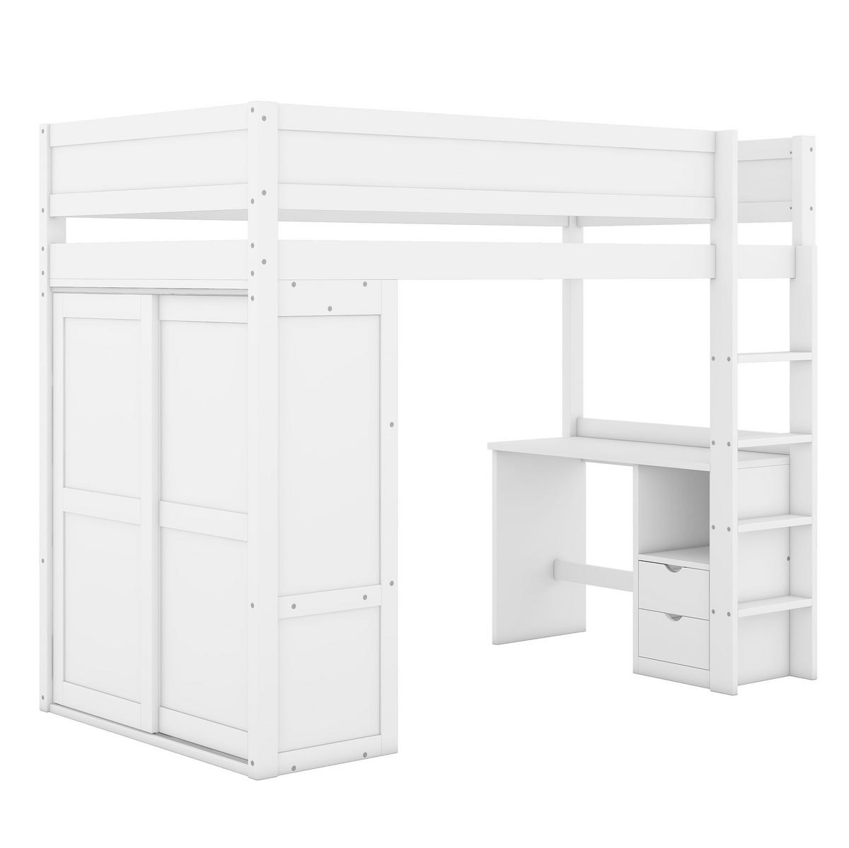 HOCHBETT 90/200 cm in Weiß mit Schreibtisch, Kleiderschrank und Schubladen - Weiß, Holz (90/200cm) - Flora Grace