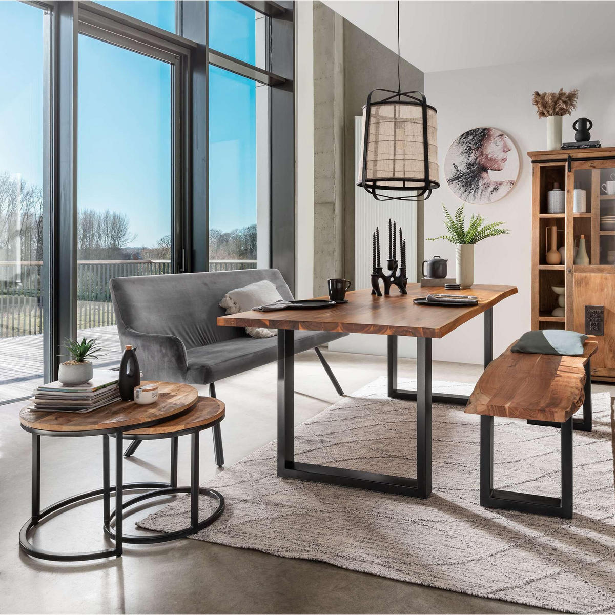 COUCHTISCH Fermo - 2er Set - Mangoholz natur - Schwarz/Braun, Holz/Metall (58/58/45cm) - bene living