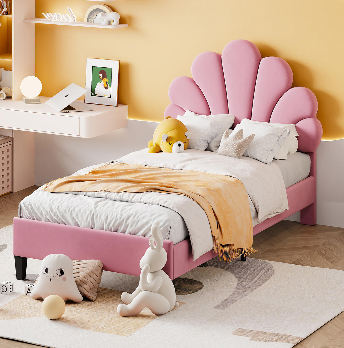 POLSTERBETT 90x200 cm Rosa mit Samt-Kopfteil in Blumenform und Lattenrost - Rosa, Textil (90/200cm) - IVMEU