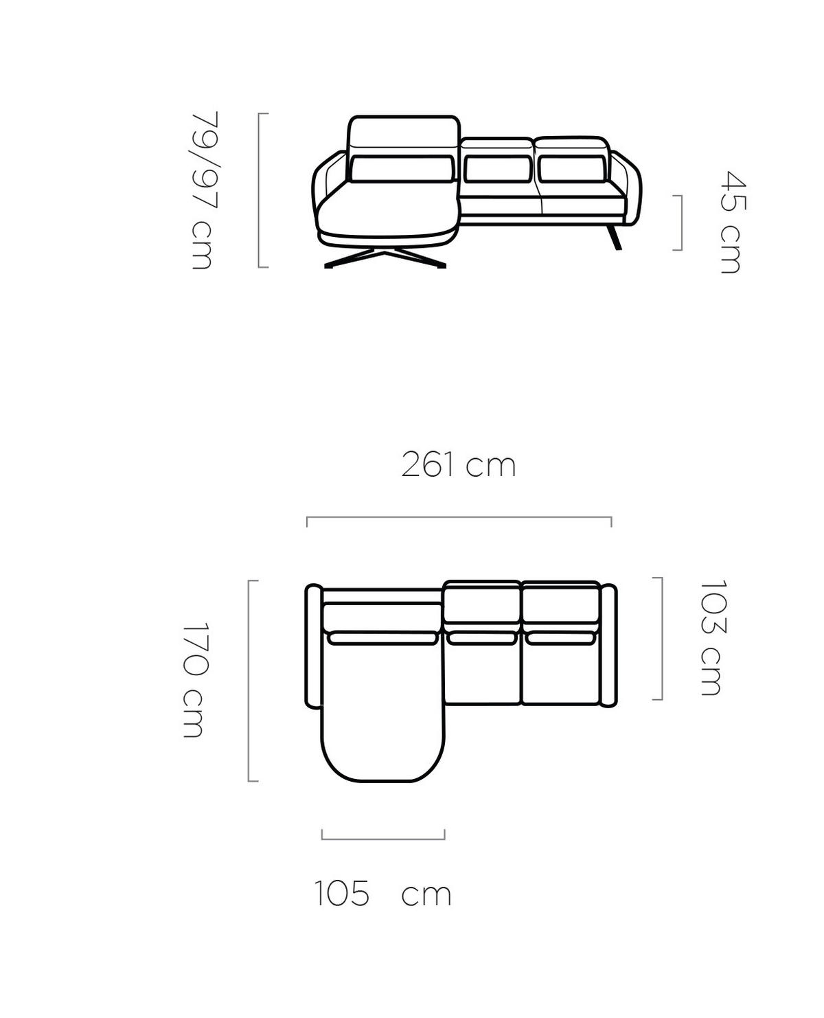 ECKSOFA Barillo – Verstellbare Rückenlehne, Stahlfüße, Elegante Armlehnen, Drei Rückenkissen, Freistehend, 261x170x97 cm – Rechte, Esche - Silberfarben, Holz/Textil (261/170cm) - DomoHome
