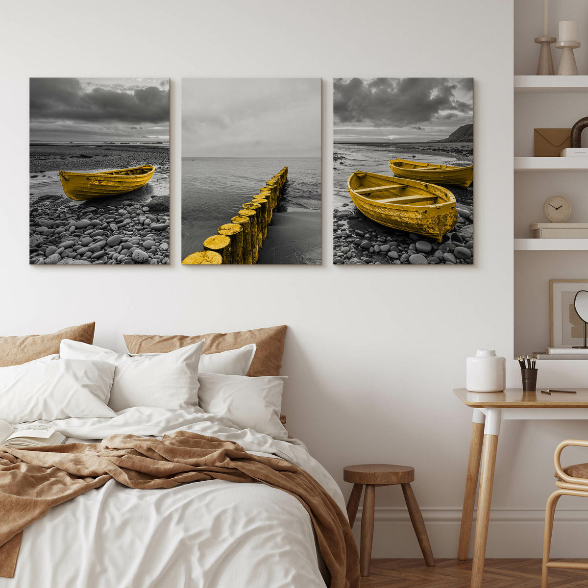 LEINWANDBILDER 3-es Set Boote Meer 3D - Gelb/Schwarz, Textil (90/40cm) - Muralo