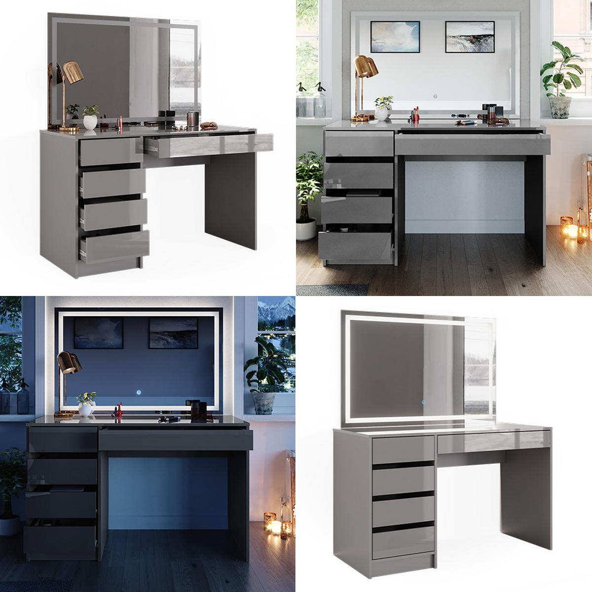 SCHMINKTISCH Sherry Grau 120 cm mit LED-Spiegel - Grau, Holzwerkstoff (120/75/55cm) - Vicco