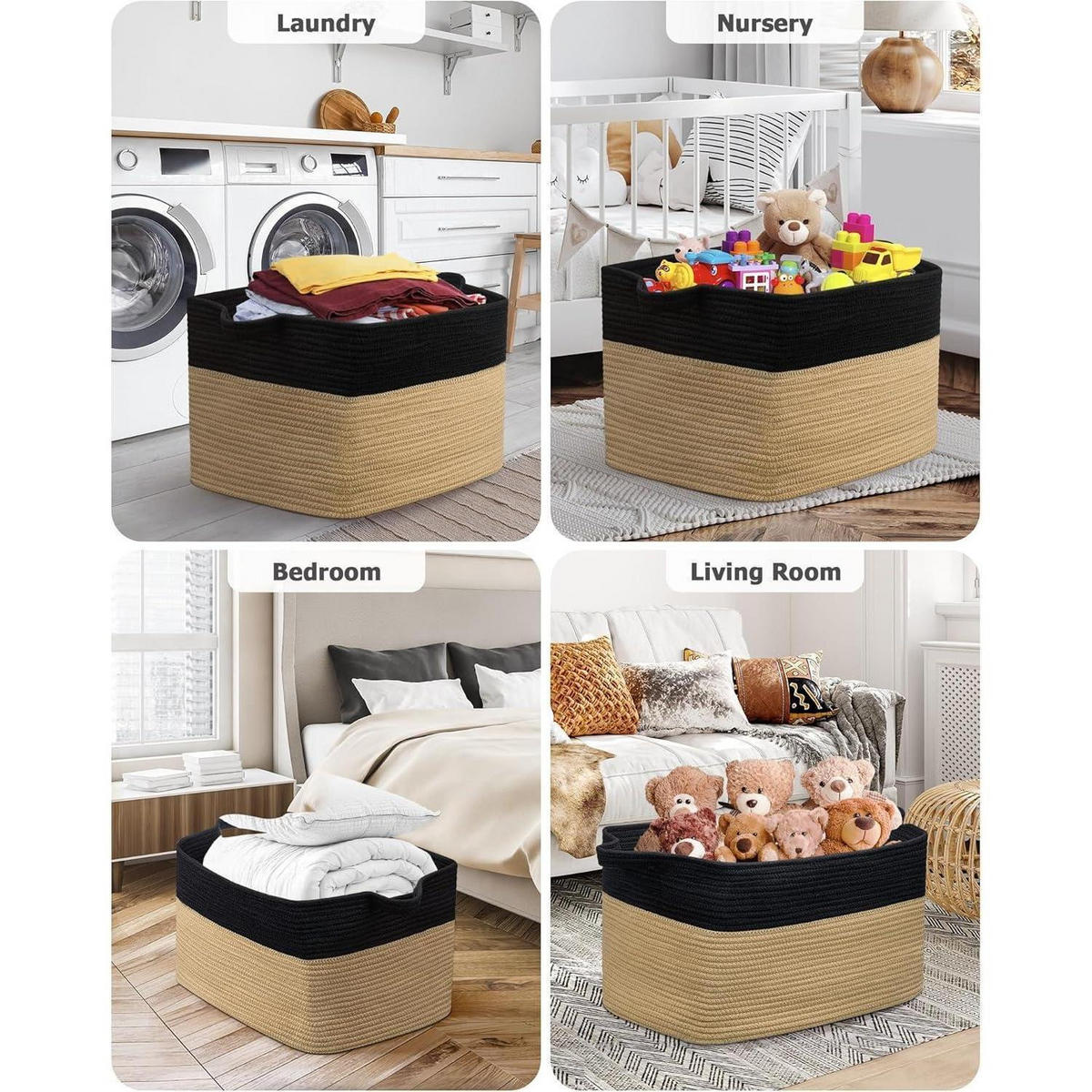 WÄSCHEKORB 2-teiliges Set Baumwolle Schwarz & Braun 63 L - Multicolor, Naturmaterialien (38/30/55cm)